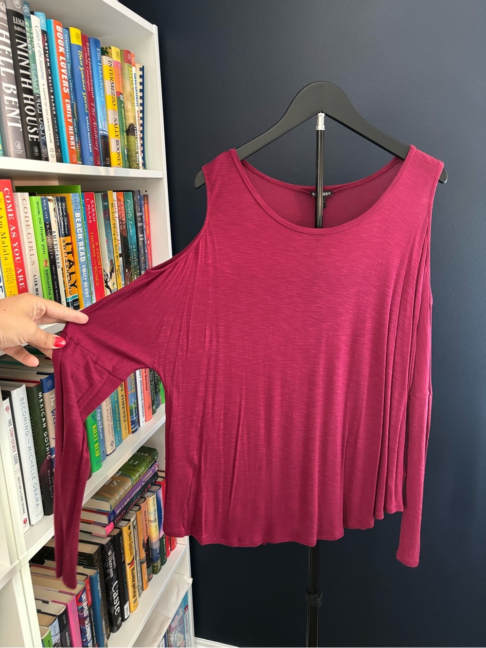 Express Raspberry Pink Cold-Shoulder Long Sleeve Top - Picture 2 of 4